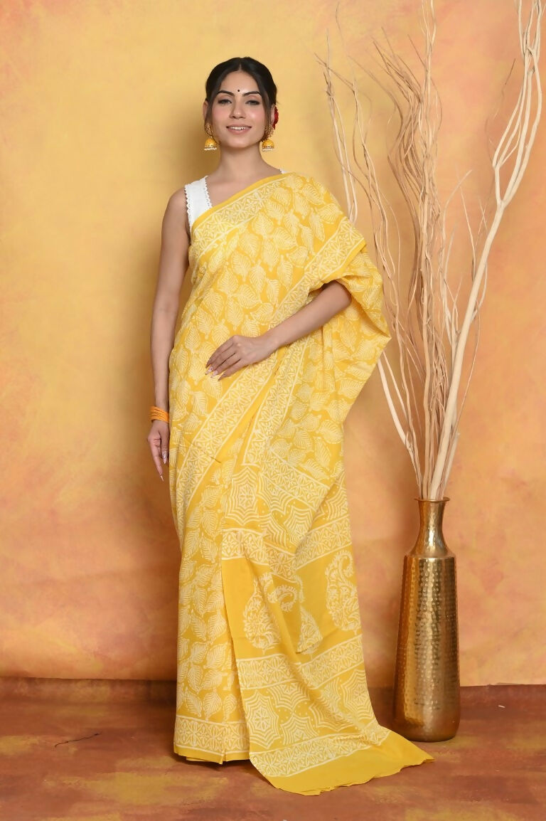 Very Much Indian Handblock Printed Cotton Saree With Natural Dyes - Yellow