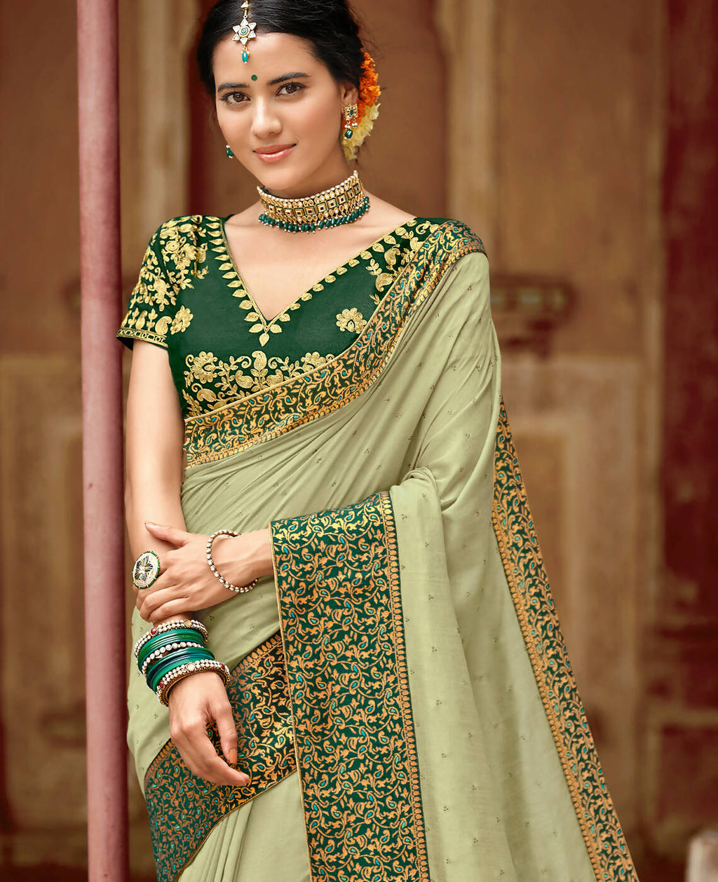 Green Vichitra Stone Work Saree With Unstitched Blouse Piece - Rosy