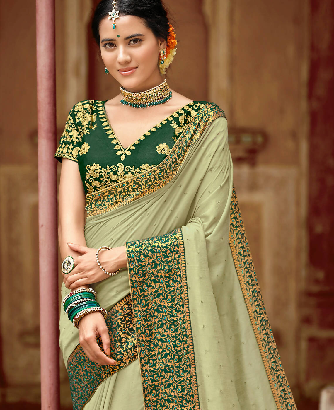 Green Vichitra Stone Work Saree With Unstitched Blouse Piece - Rosy