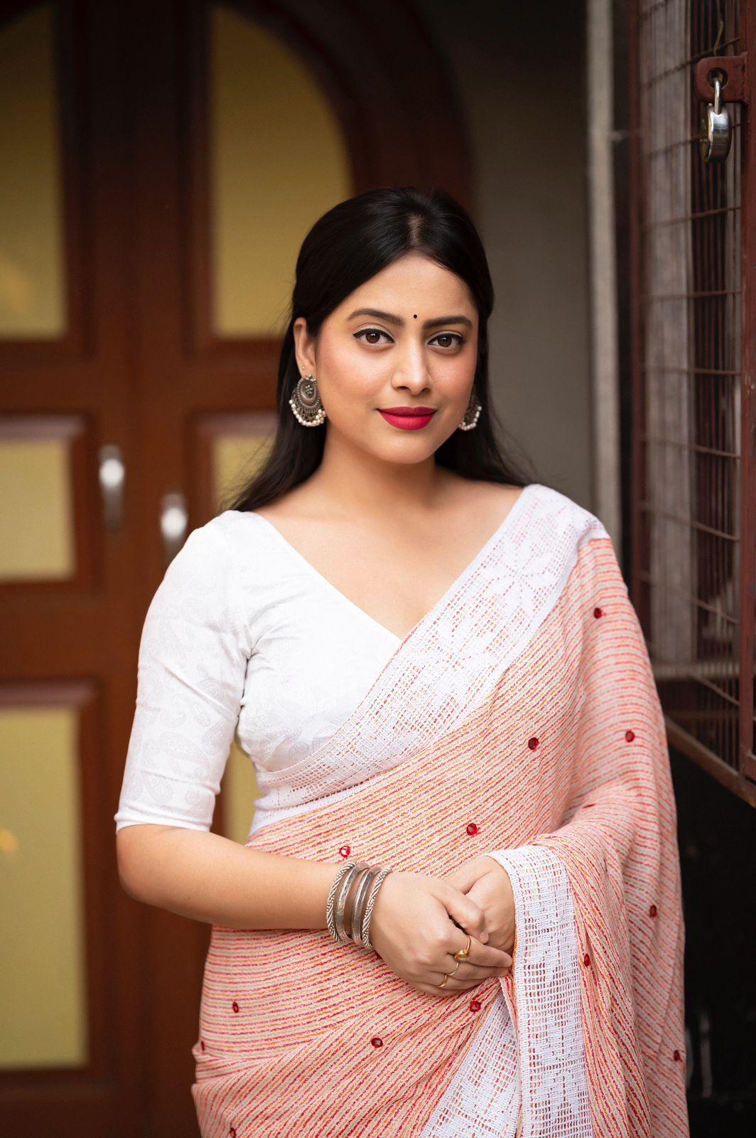 Peach Poly Georgette Ethnic Motifs Saree with Unstitched Blouse - Hiral Fashion
