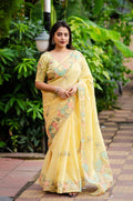 Yellow Pure Linen Ethnic Motifs Saree with Unstitched Blouse - A2M
