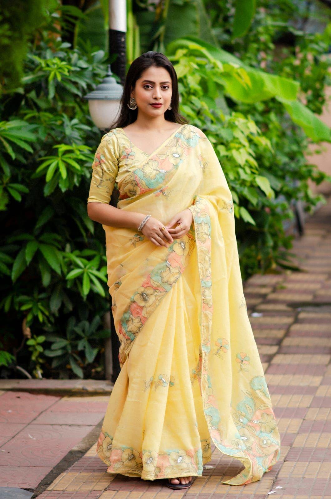 Yellow Pure Linen Ethnic Motifs Saree with Unstitched Blouse - A2M
