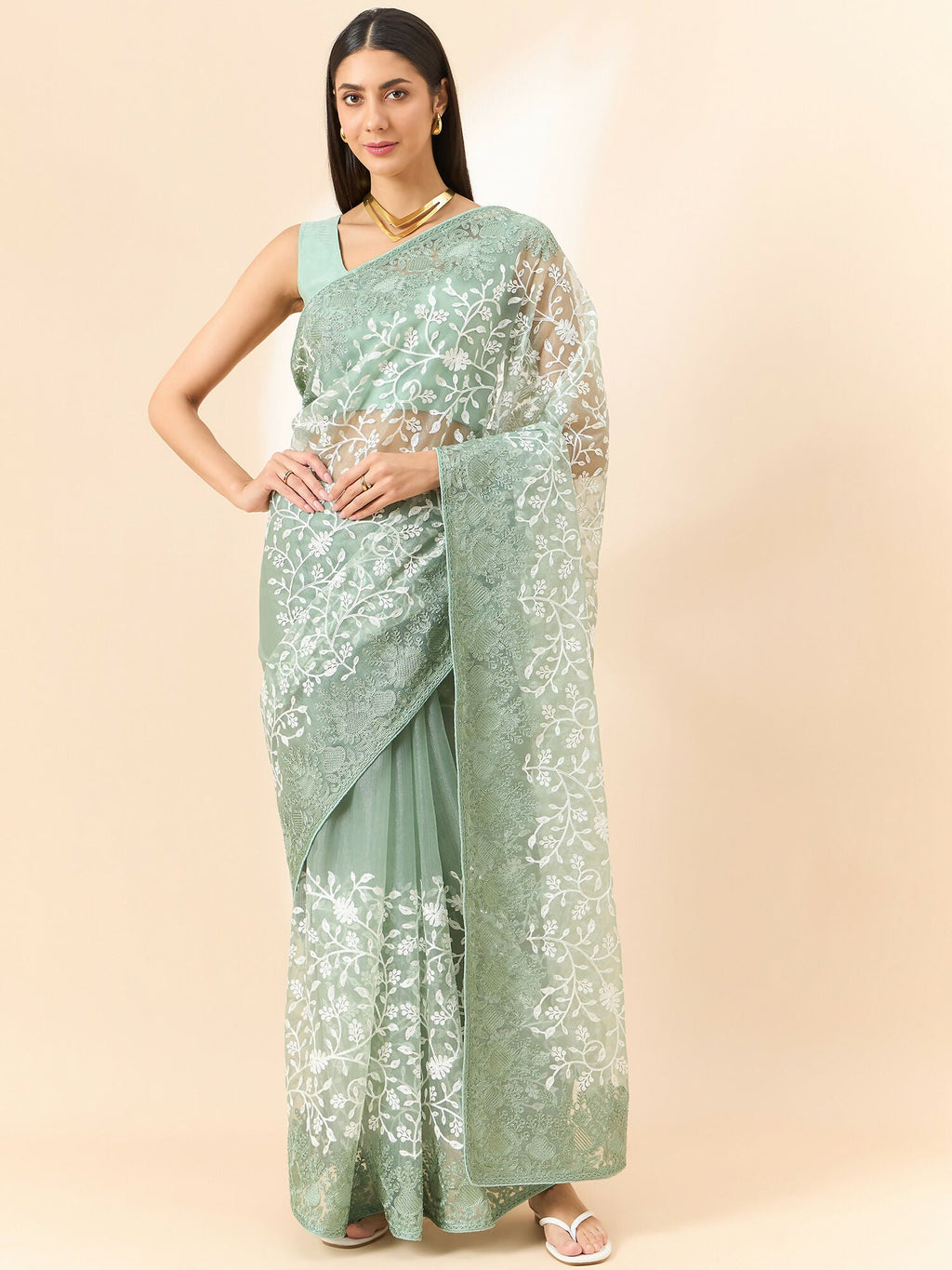 Green Organza Floral Embroidered Saree with Unstitched Blouse Piece - Roozal