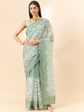 Green Organza Floral Embroidered Saree with Unstitched Blouse Piece - Roozal