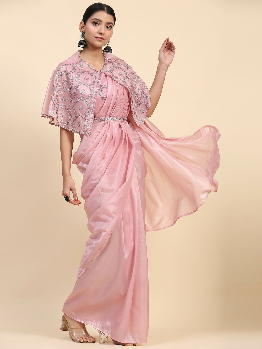 Pink Satin Solid Ready to wear Saree with stitched Blouse - Vanita
