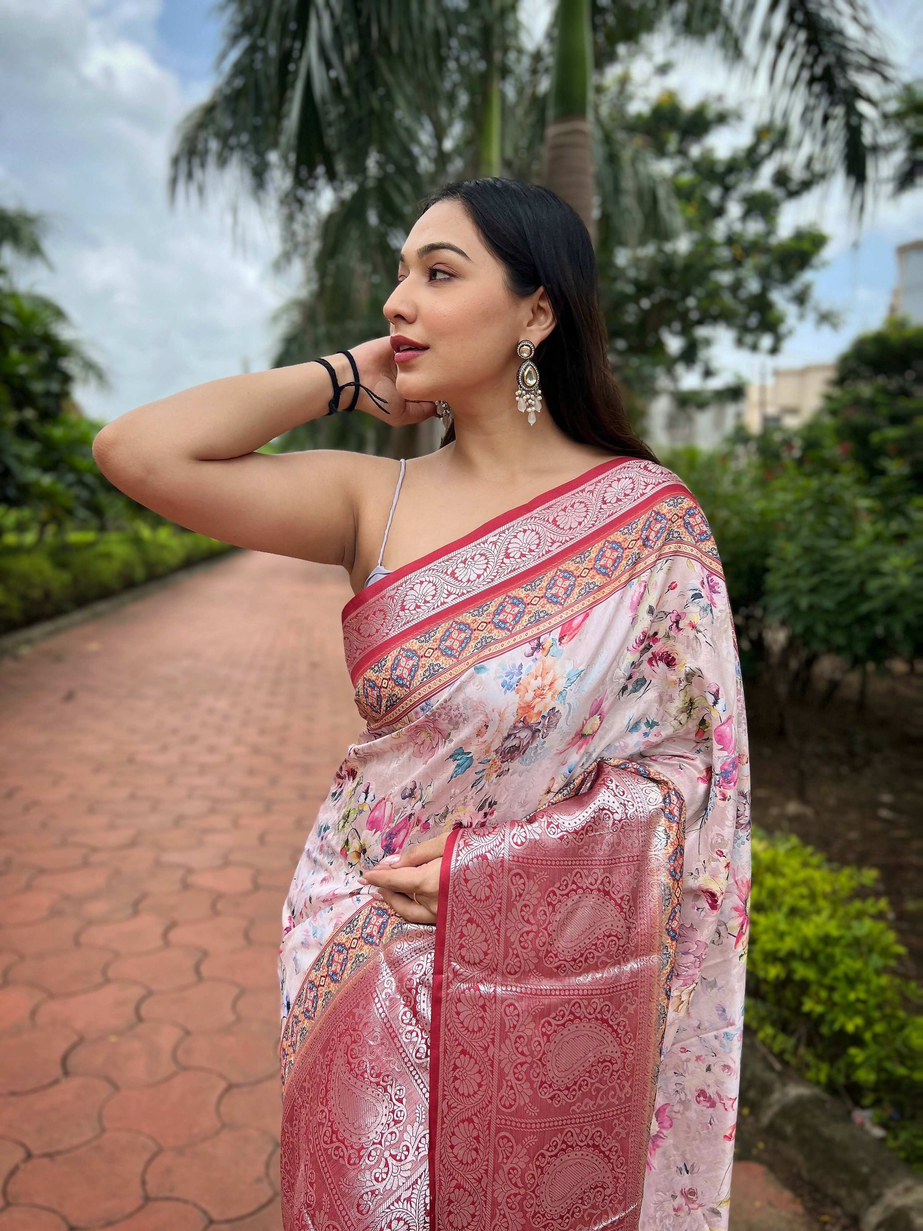 Vamsee Bhavi Red Tussar Dola Satin Silk Saree
