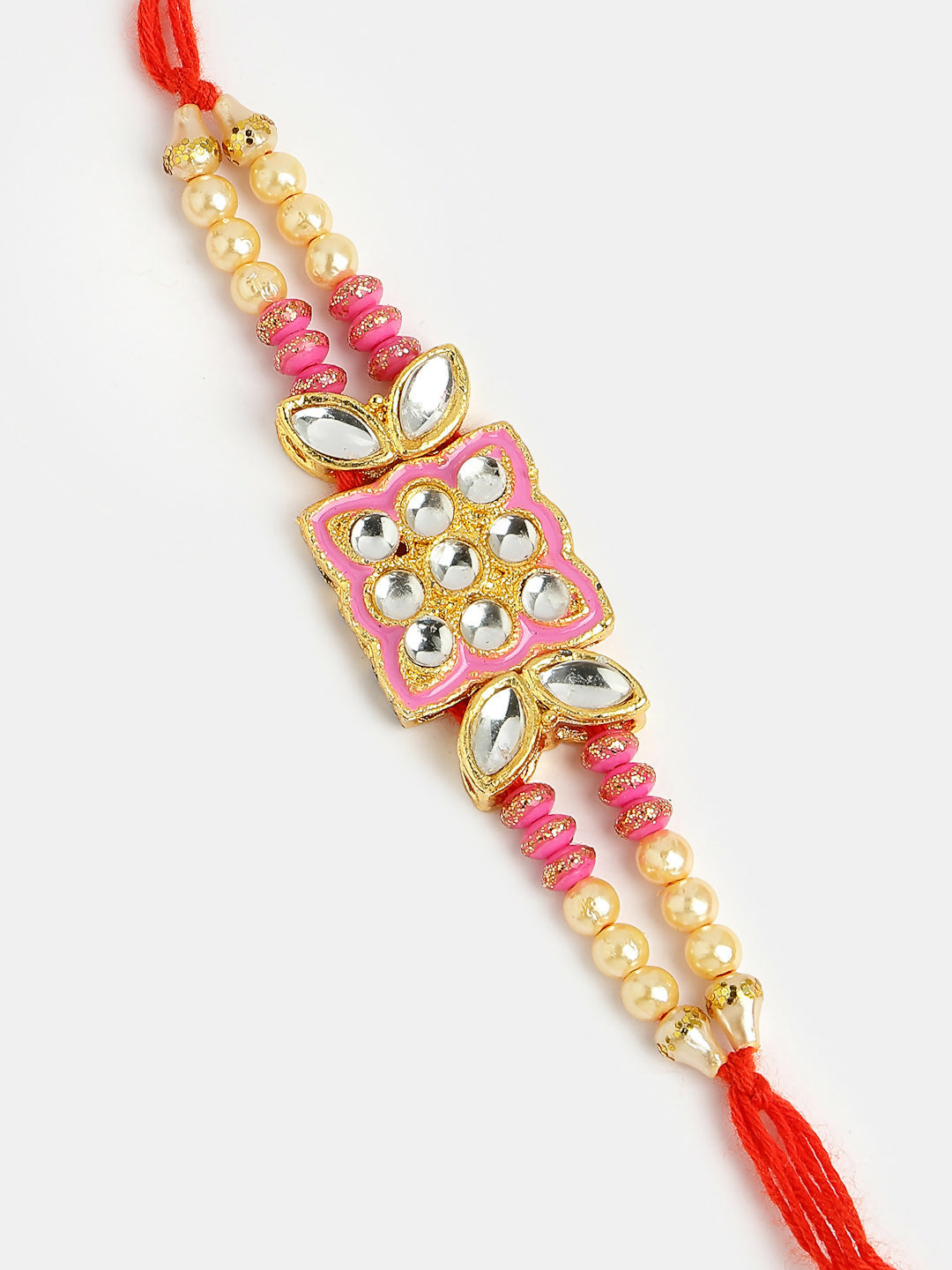 NVR Men Pink & Gold-Toned Kundan-Studded Rakhi With Roli Chawal & Chocolate