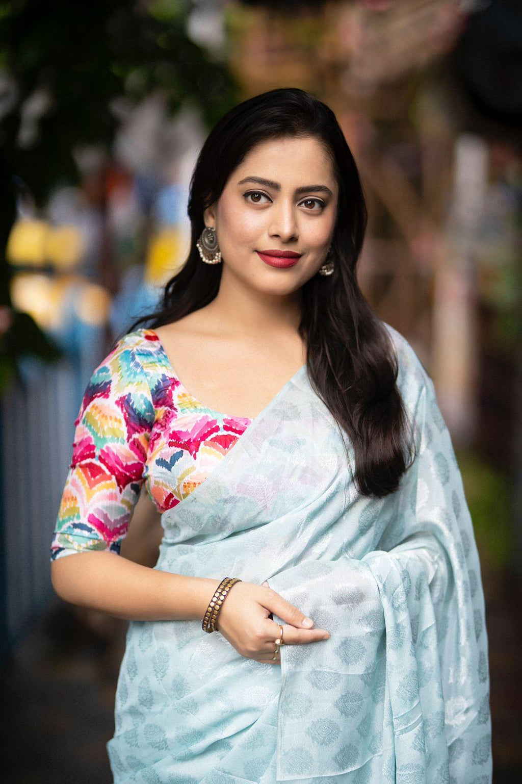 Blue Poly Crepe Ethnic Motifs Saree with Unstitched Blouse - Hiral Fashion