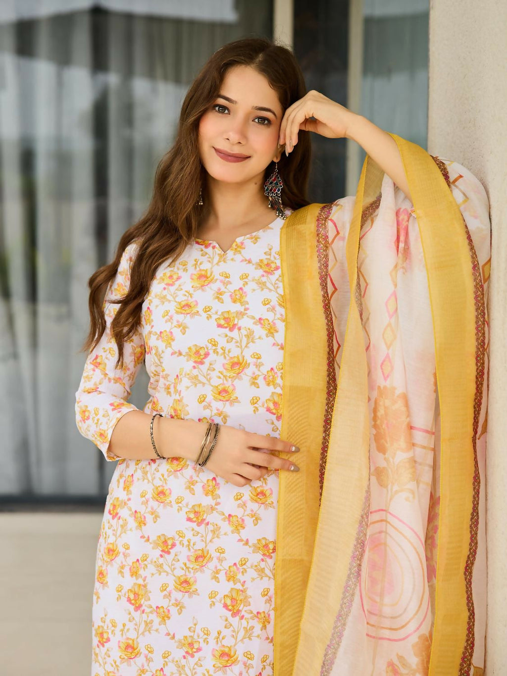 The52 Yellow Women's Beautiful Printed Silk Blend Fabric with Straight Kurta, Pant and Dupatta Set
