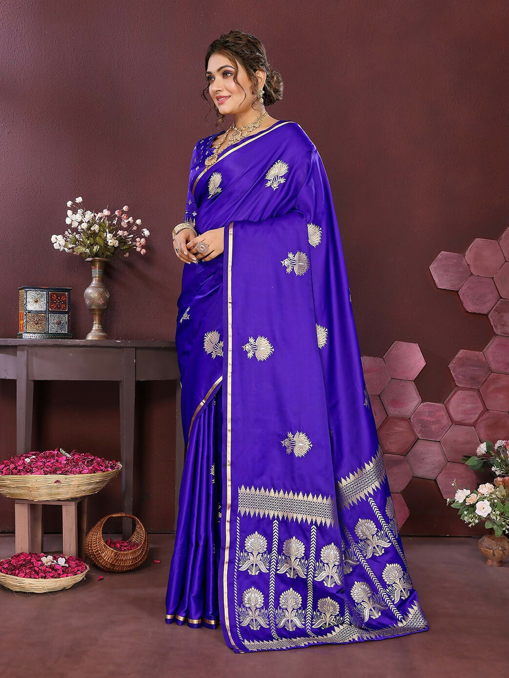 Joban Fashion Royal Blue Floral Motifs Banarasi Silk Sarees