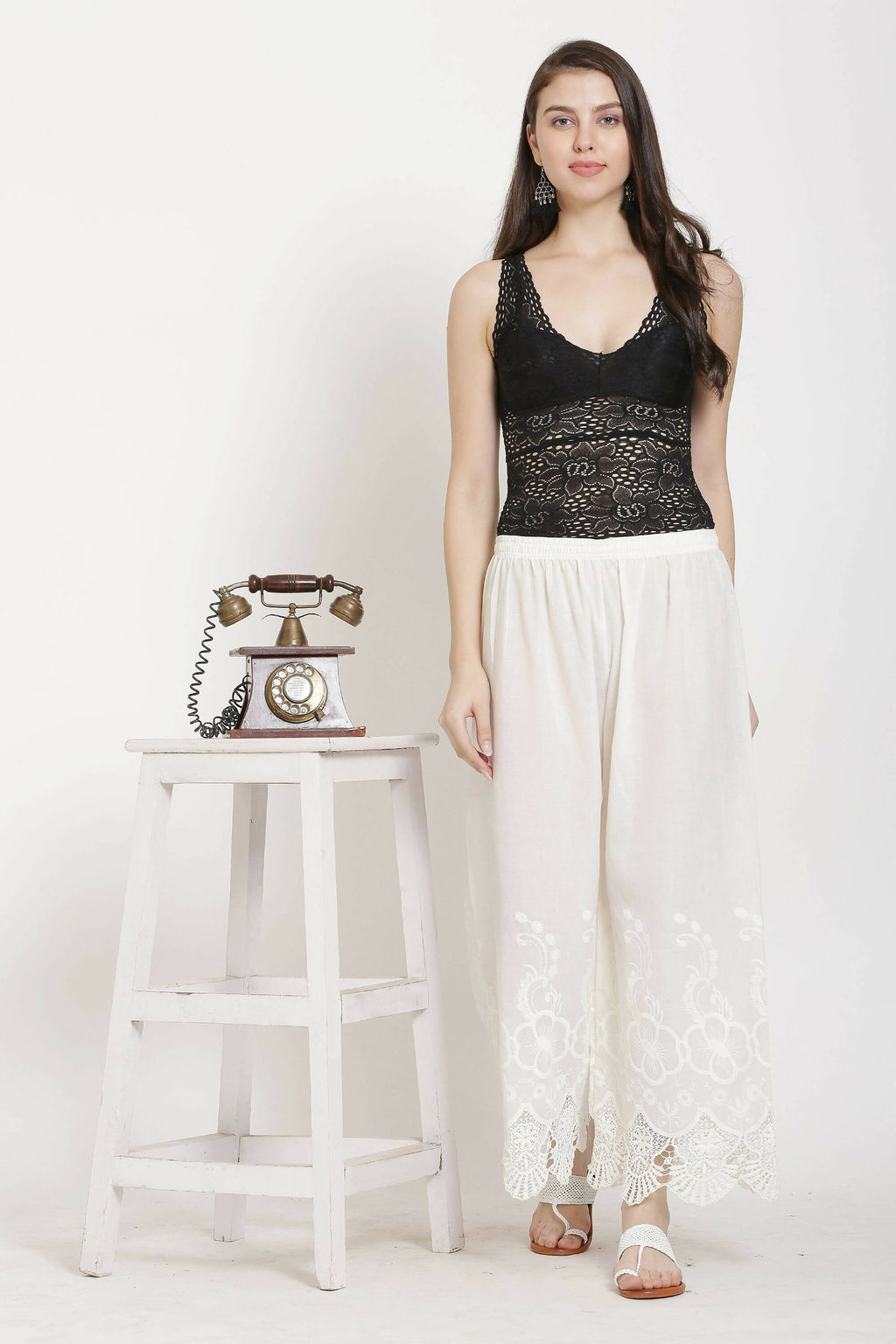 PAVONINE White Color Chikankari Lace Scalloped Hem Cotton Fabric Sharara