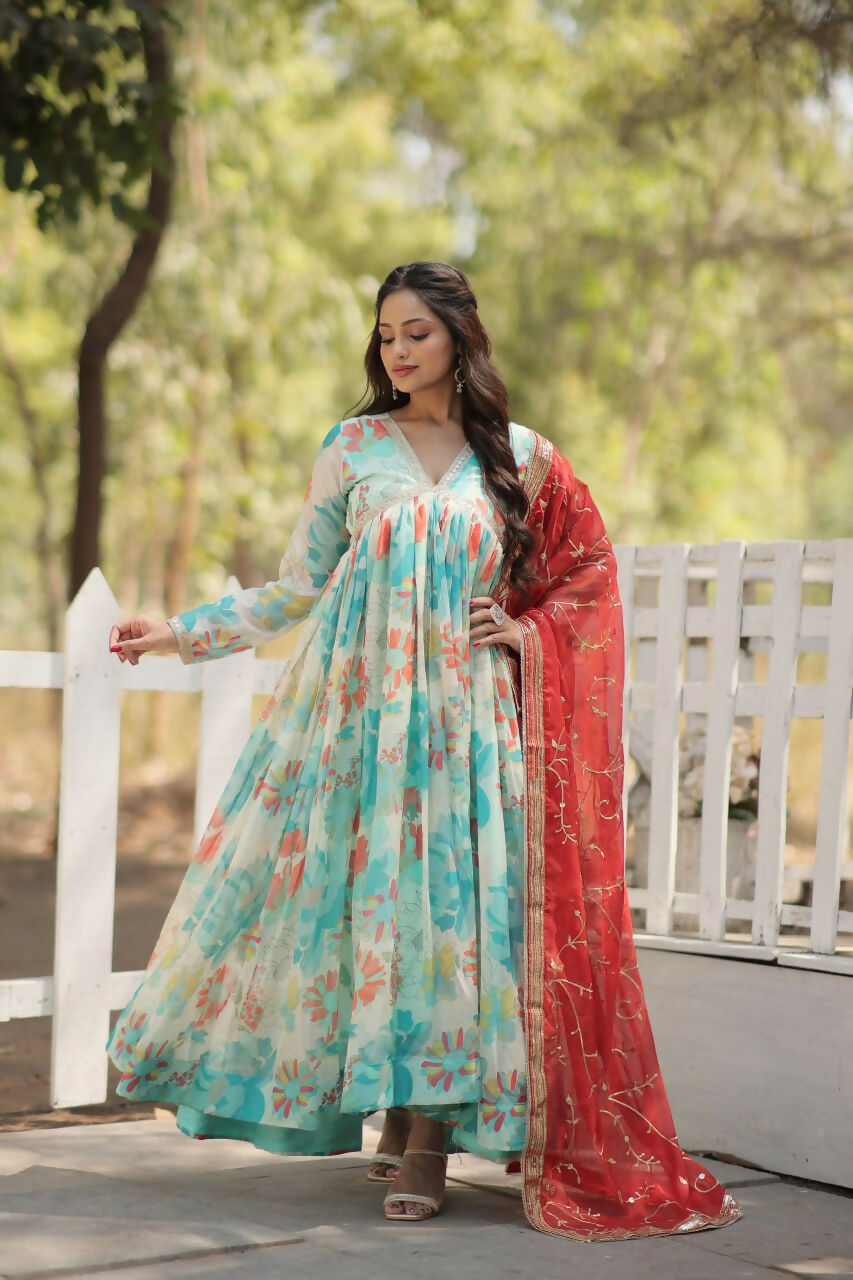 Vastranavya Digital Printed Russian silk & Stitch Canvas Patta Gown with Dupatta - Sky Blue