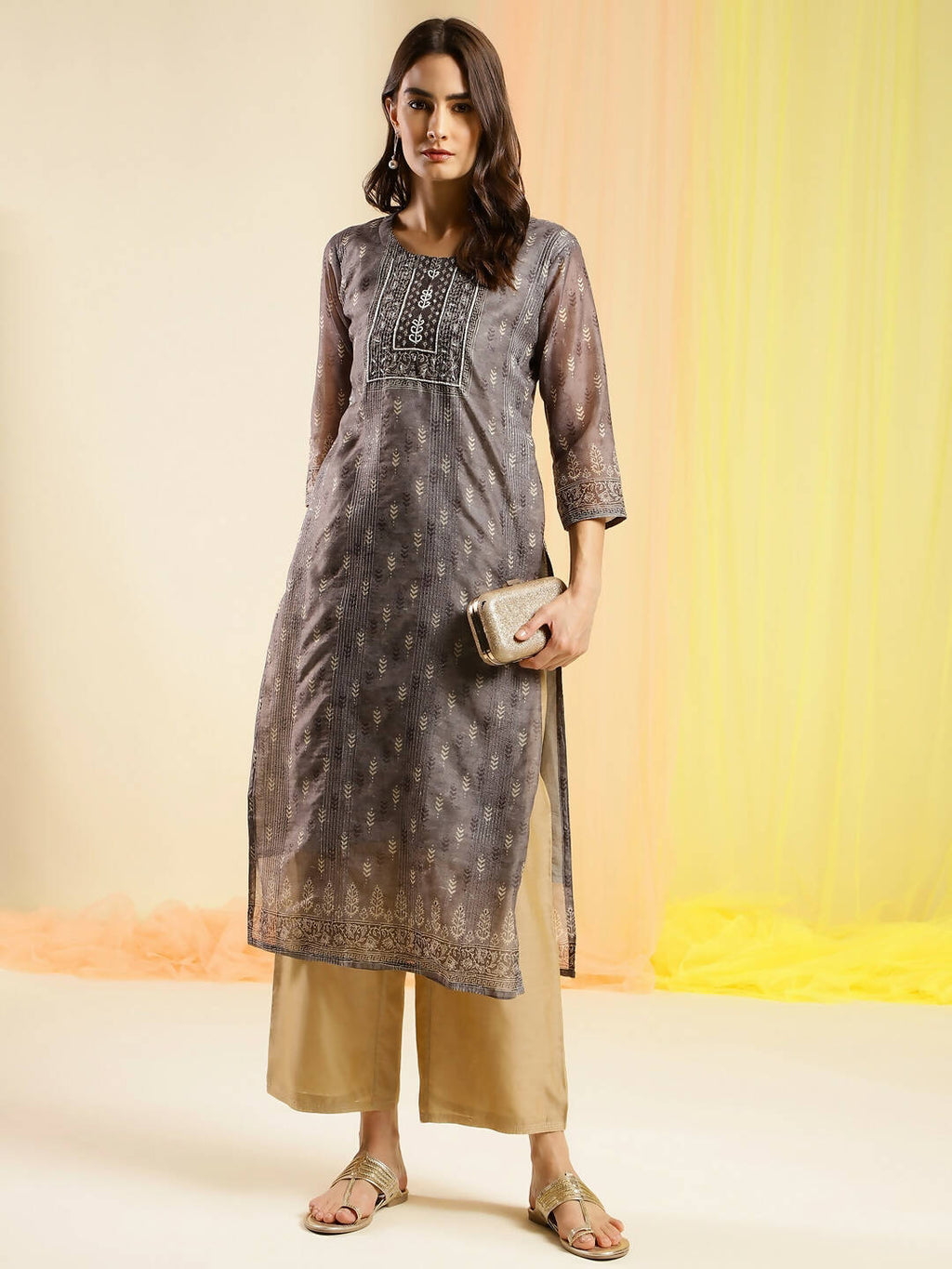 Grey Chinon Digital Printed With Hand Work Kurta - Himanshi