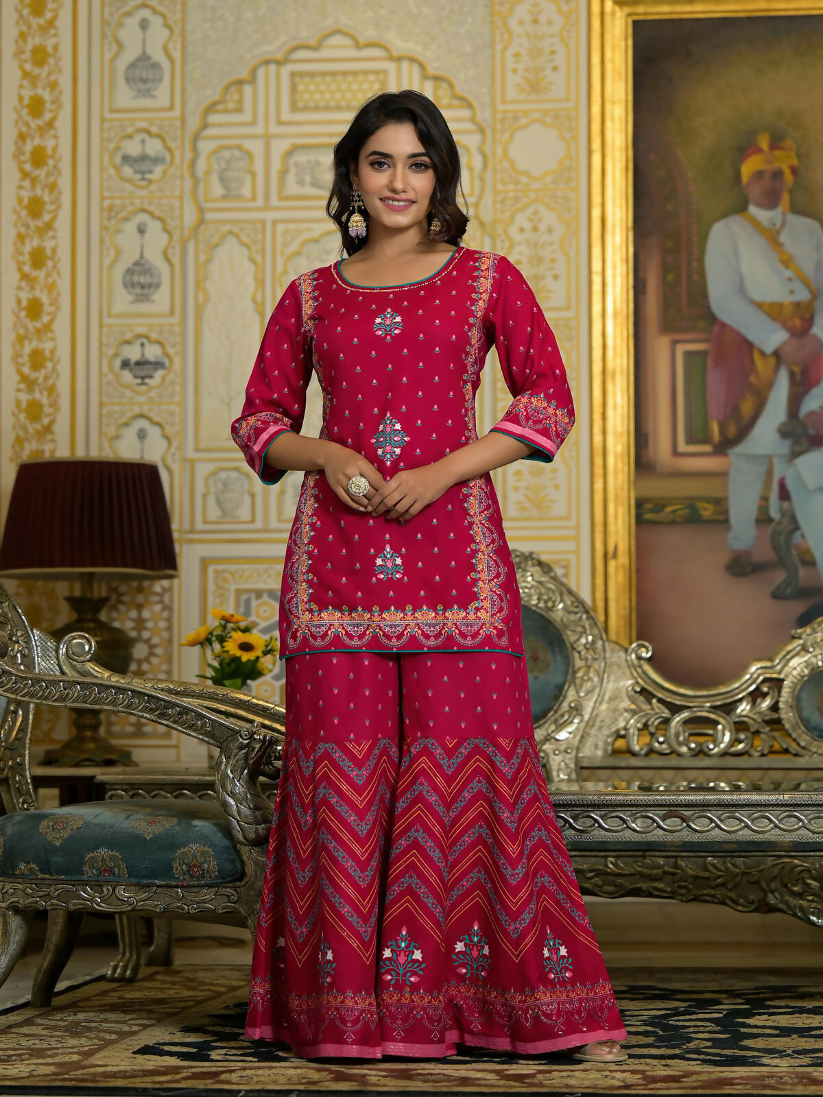 Juniper Women's Fuchsia Ethnic Motif Printed Liva Rayon Tunic Sharara and Dupatta Set With Sequins & Gota Patti Work