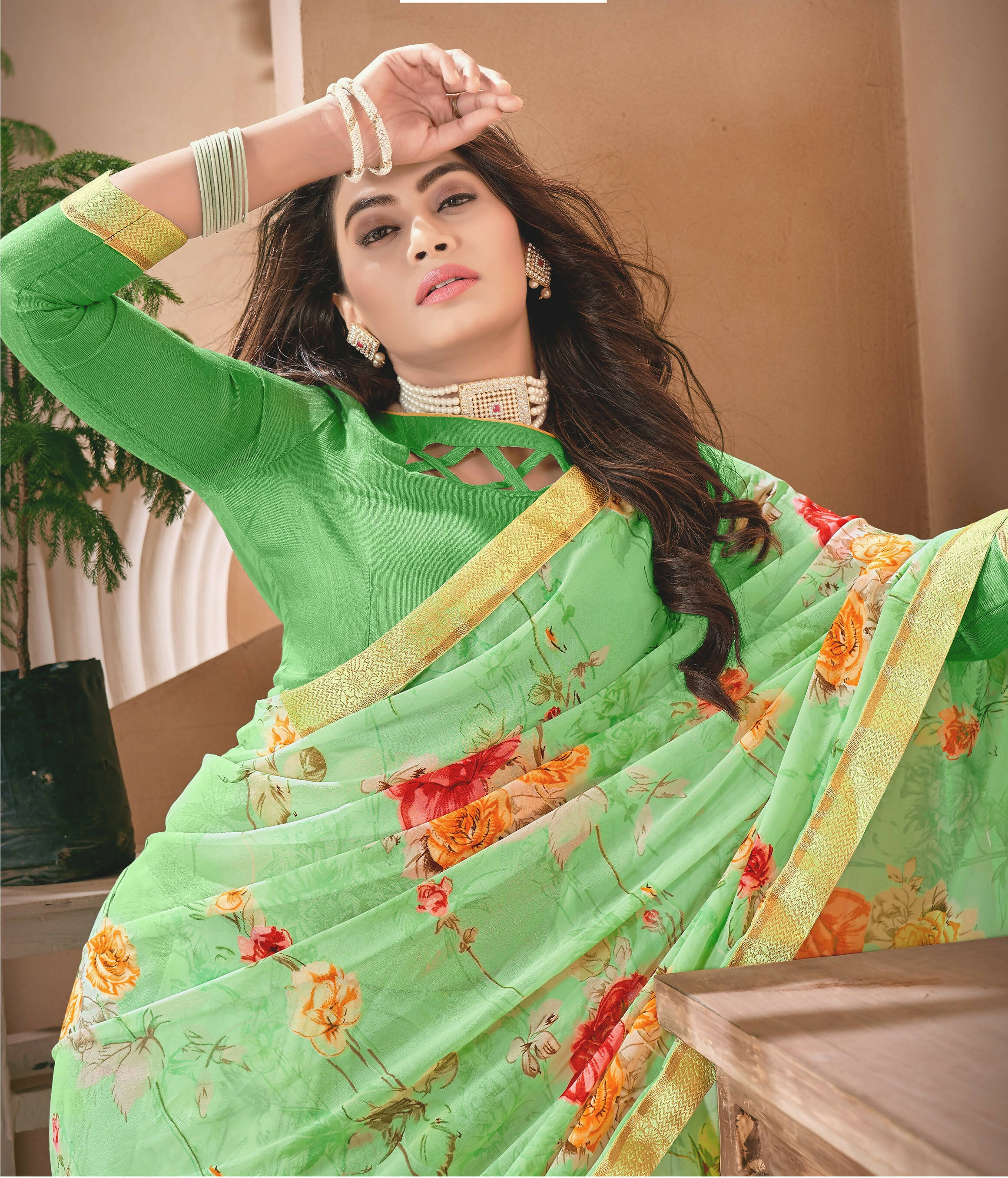 Green Georgette Floral Printed Saree With Unstitched Blouse Piece - Jyoti