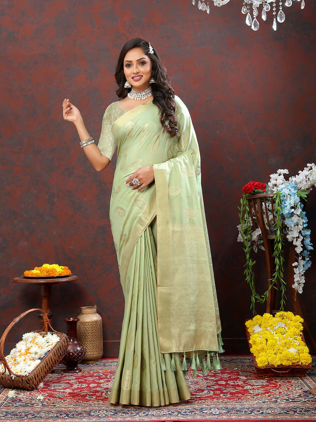 Lorenvalley Fashion Seagreen Cotton Woven Design with Zari Weaving Design Saree