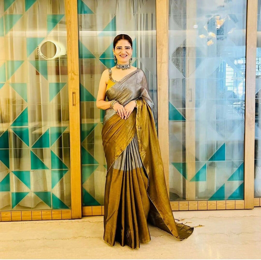 Exclusive Collection Beautiful Gray Copper Tissue Silk Hand Weaving Handloom Saree With Running Blouse Piece