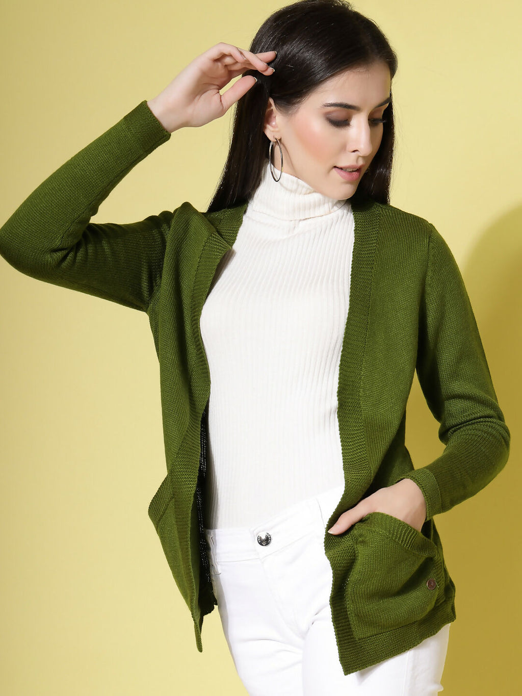 Women Olive Acrylic Solid Cardigan - Wool Trees