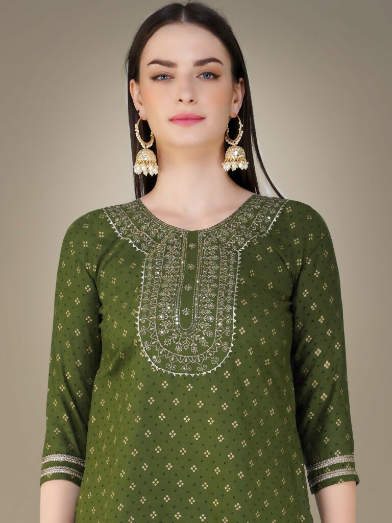 Jyoti Fashion Women's Mehendi Cotton Magic Slub Embroidery & Sequence work Kurta with Trouser & Dupatta