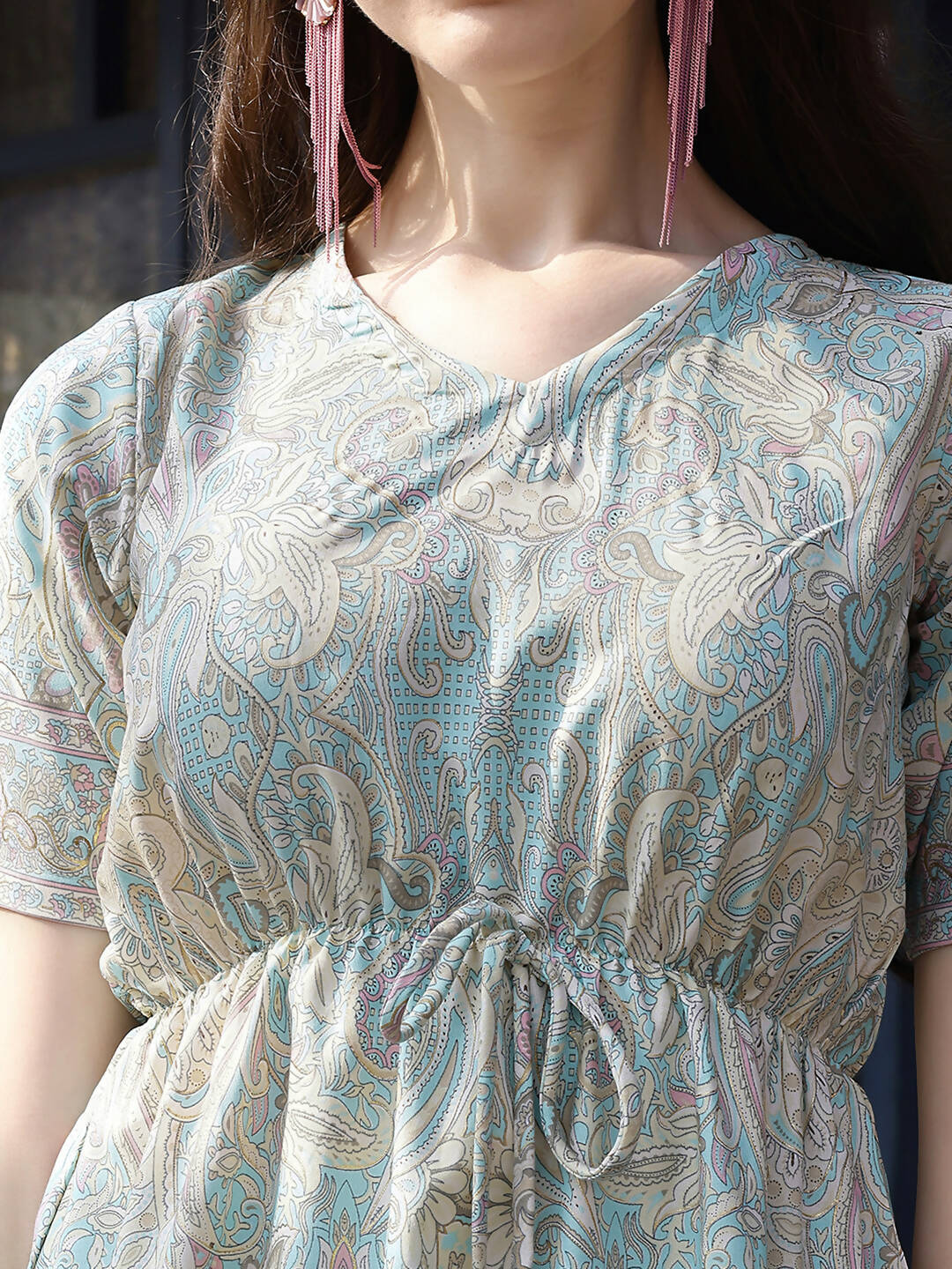 Sky Blue Rayon Paisley & Floral Printed Top with Matching Bottom - Eesha