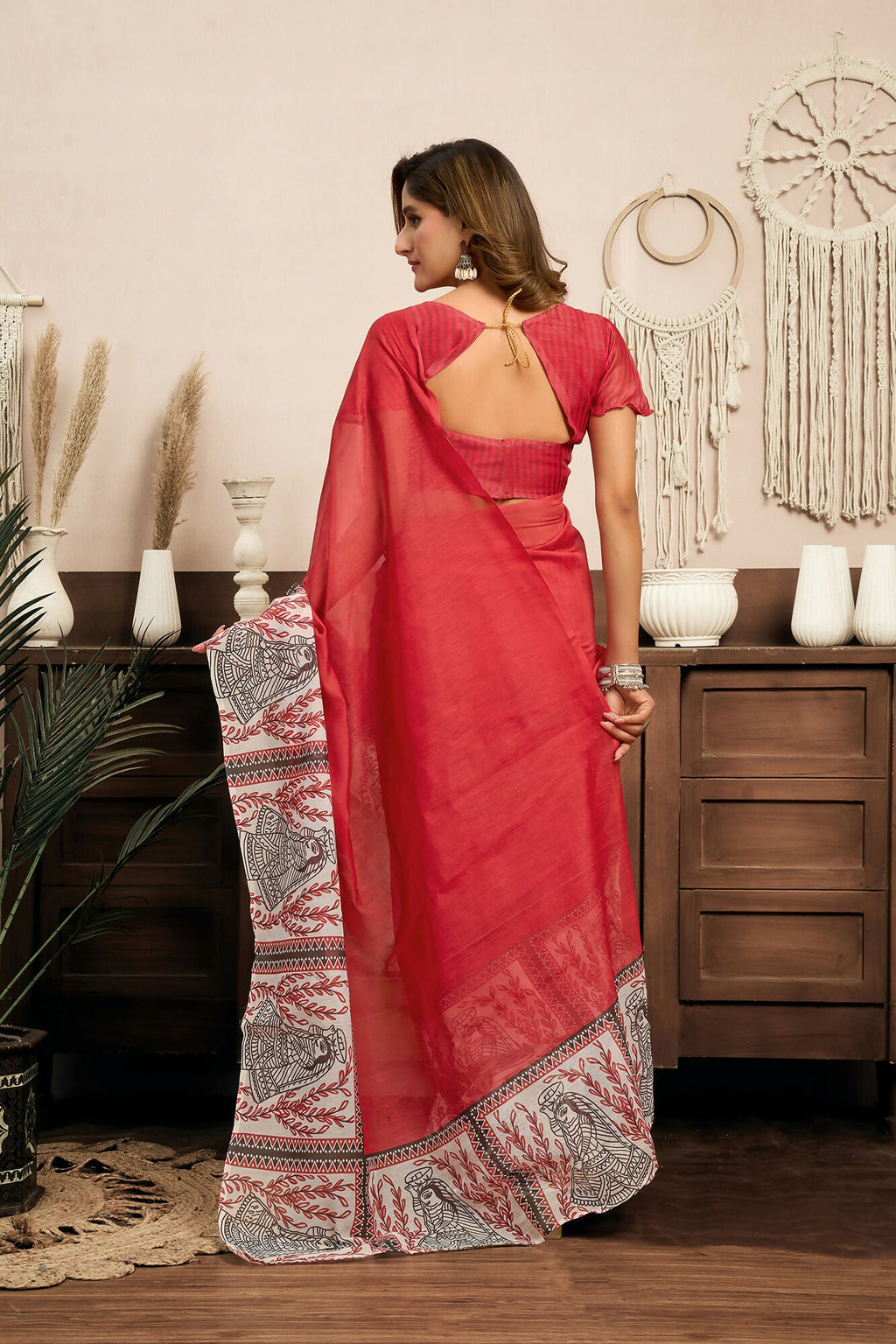 Vastranavya Red Digital Printed Linen Ready To Wear Designer Saree with Unstitched Blouse