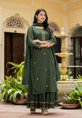 Kaajh Women's Green Gold Printed Cotton Kurta Sharara With Dupatta Set