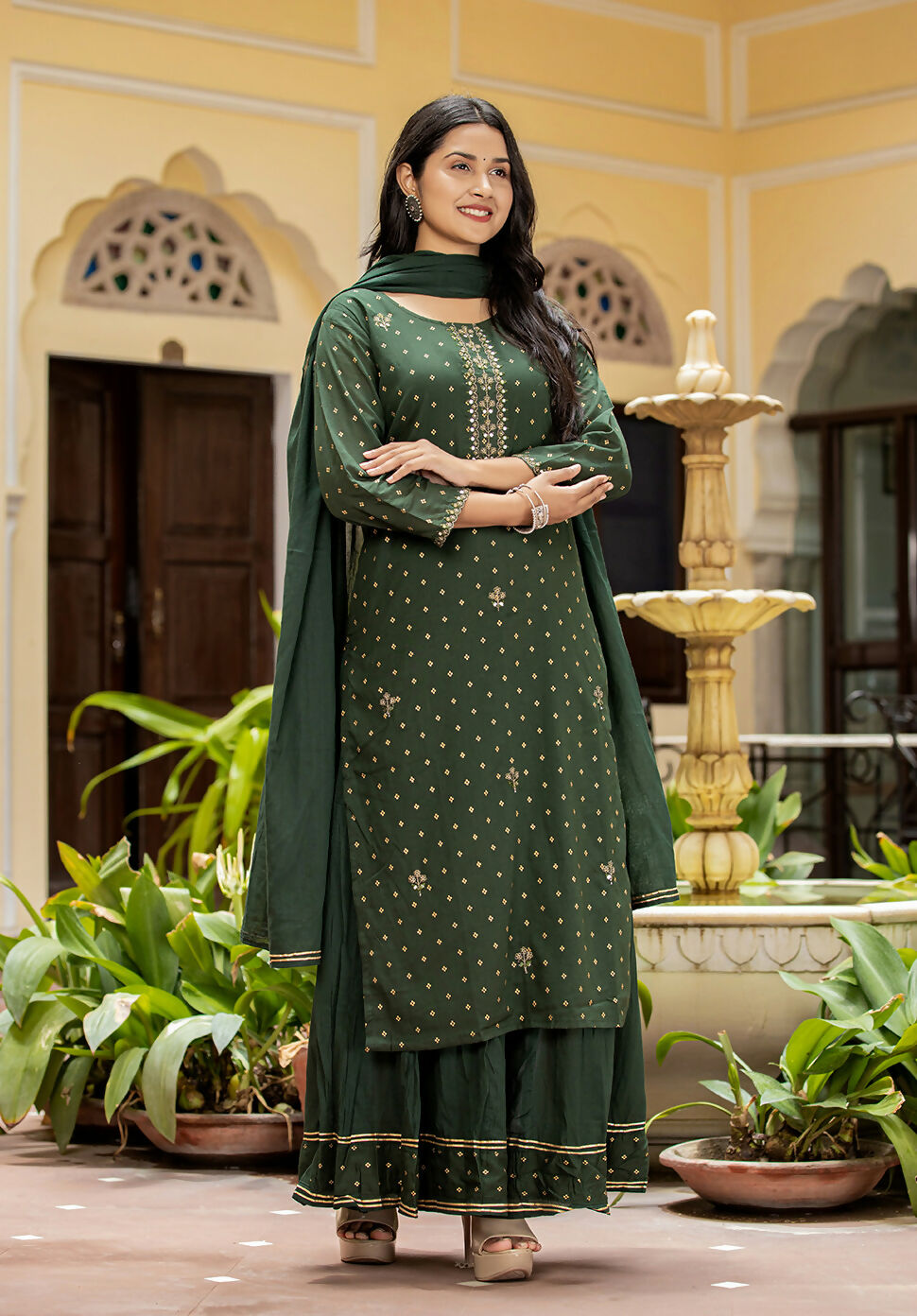 Kaajh Women's Green Gold Printed Cotton Kurta Sharara With Dupatta Set