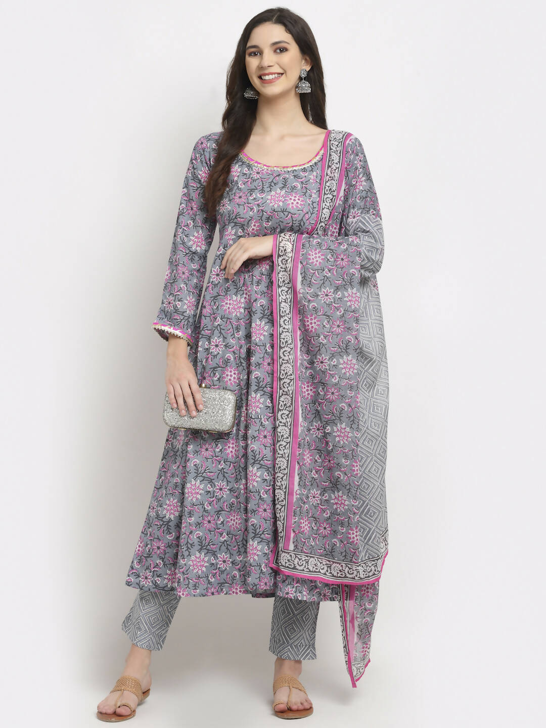 Rudra Bazaar Grey Printed Anarkali Suit Set With Dupatta