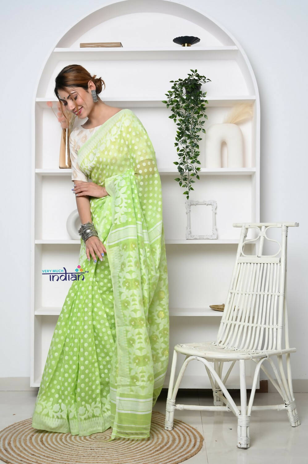 Very Much Indian Jamdhani Cotton Saree - Pista Green