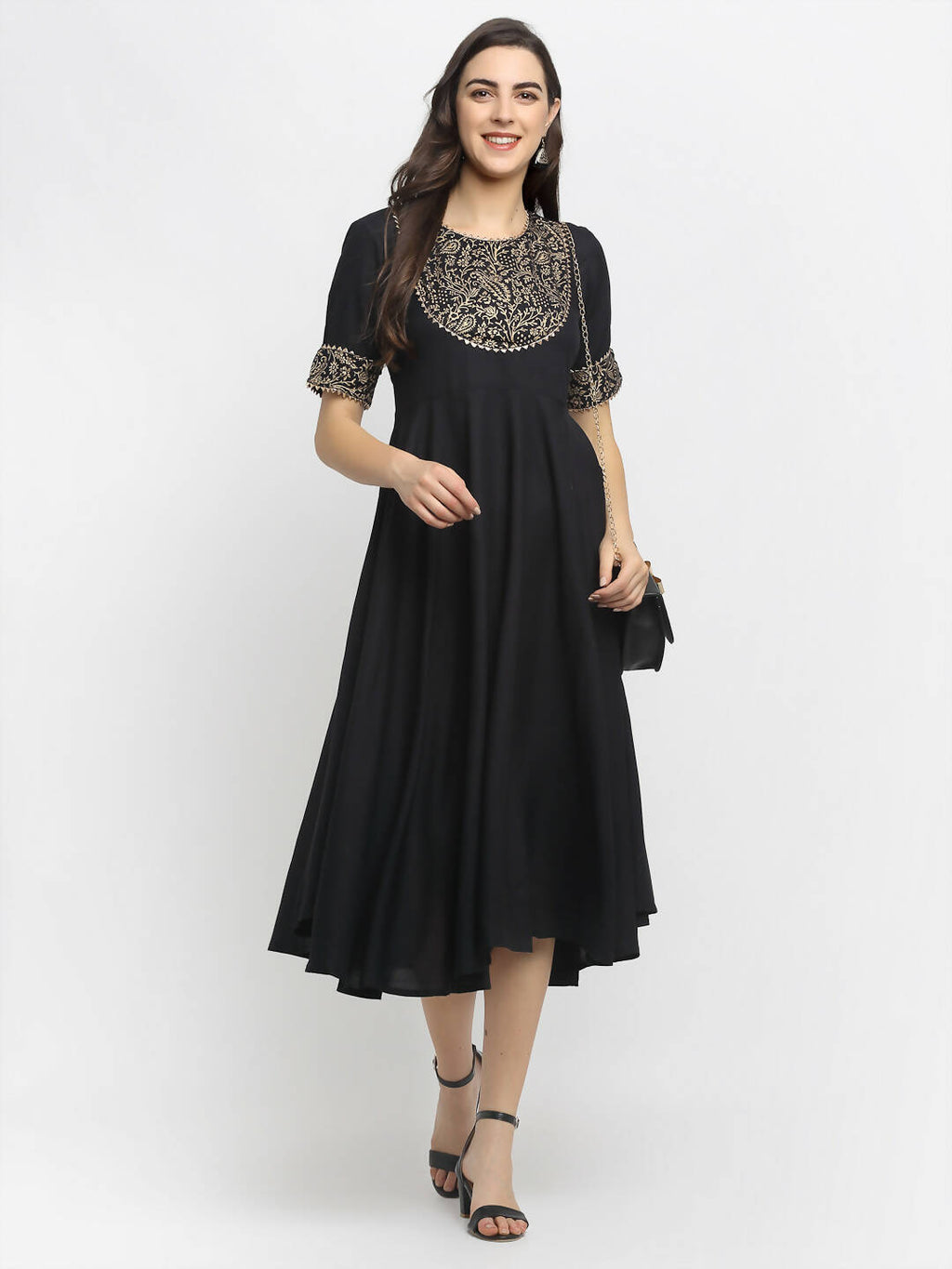 Rudra Bazaar Black Block Printed Flared Ethnic Kurta