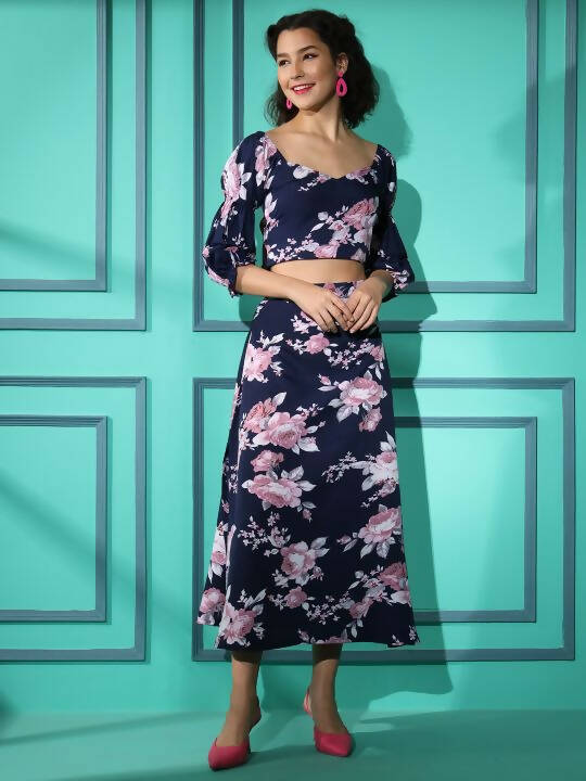 Blue Crepe Floral Printed Top with Matching Skirt - Shivani