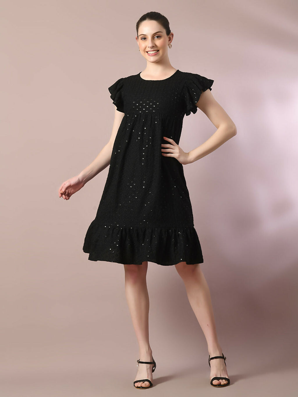 Myshka Women's Black Embroidered Cotton Round Neck A-Line Party Dress