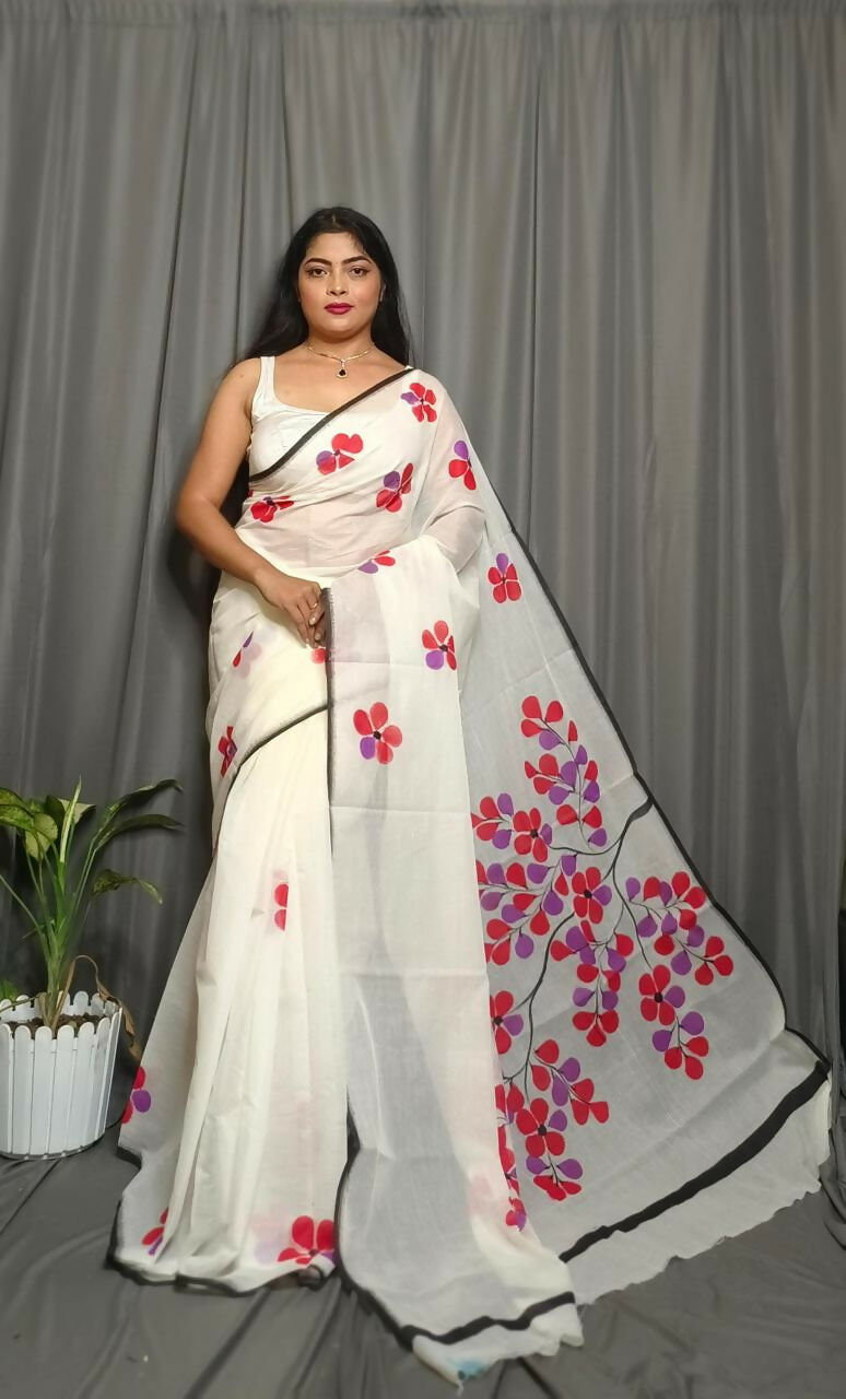 Exclusive Collection Beautiful White Red Pure Cotton Hand Print Handloom Saree With Running Blouse Piece