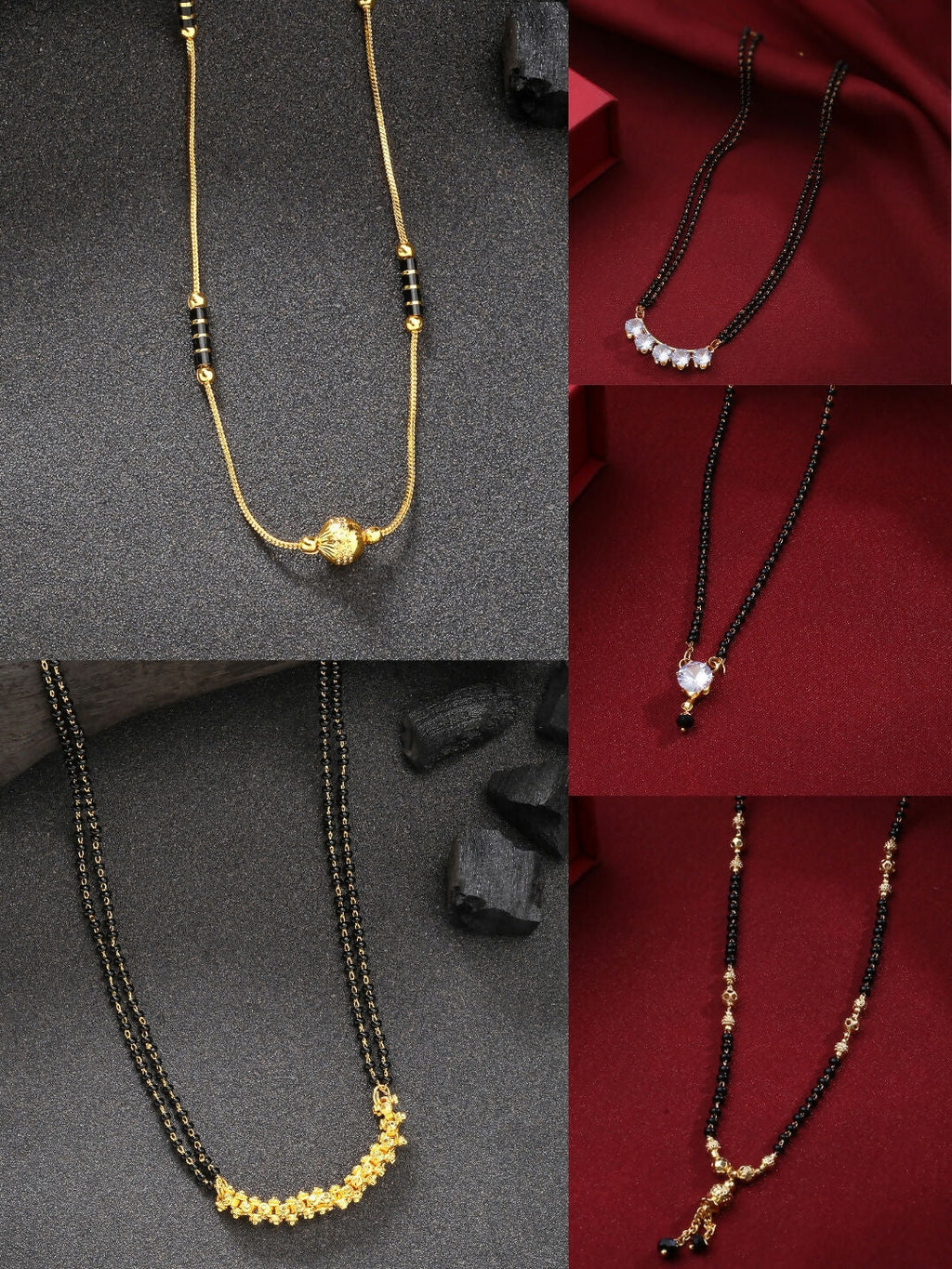 NVR Women's Set of 5 Gold-Polished CZ Stone-Studded & Beaded Mangalsutra