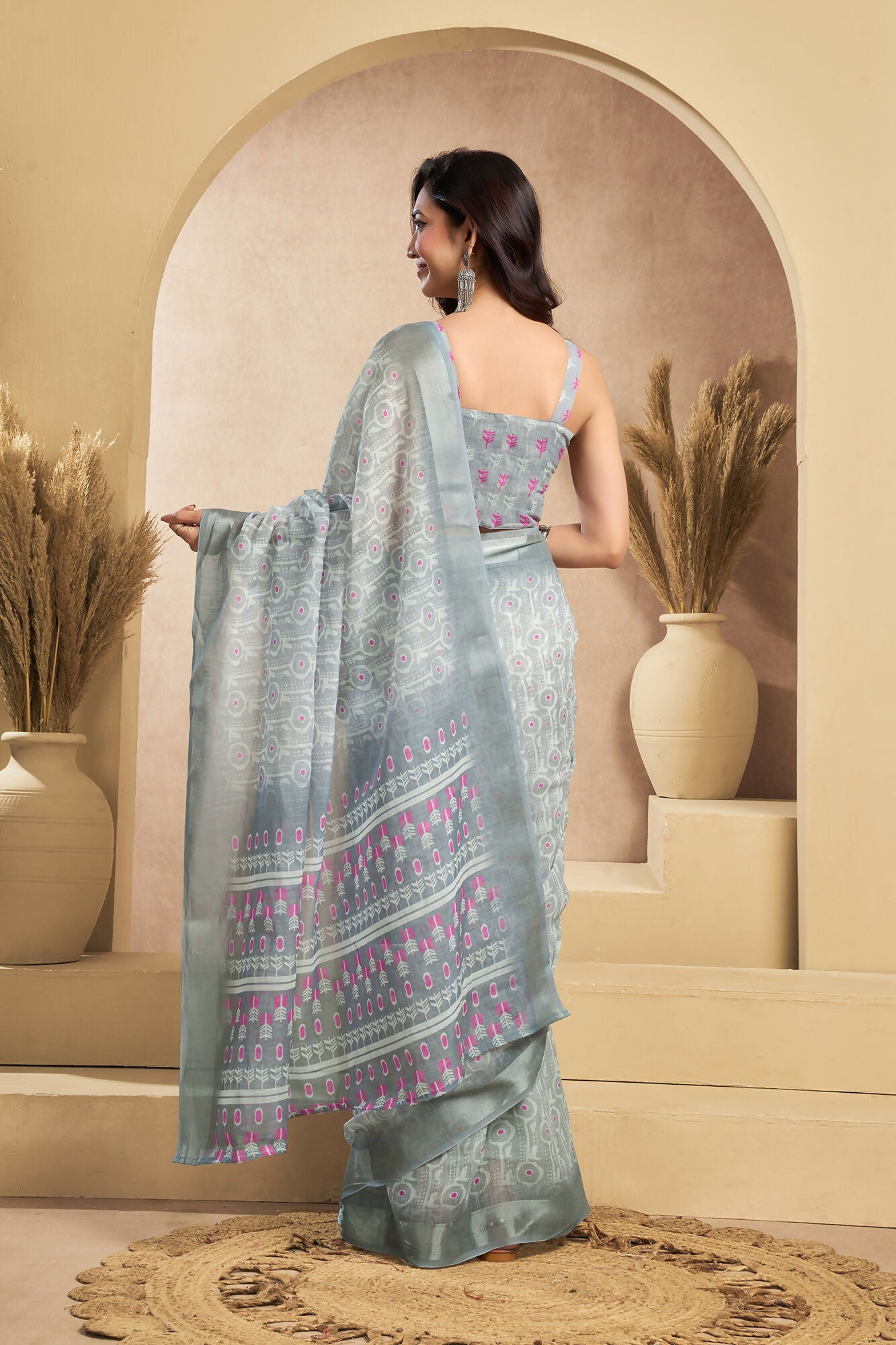 Vastranavya Grey Digital Printed Linen Ready To Wear Designer Saree with Unstitched Blouse