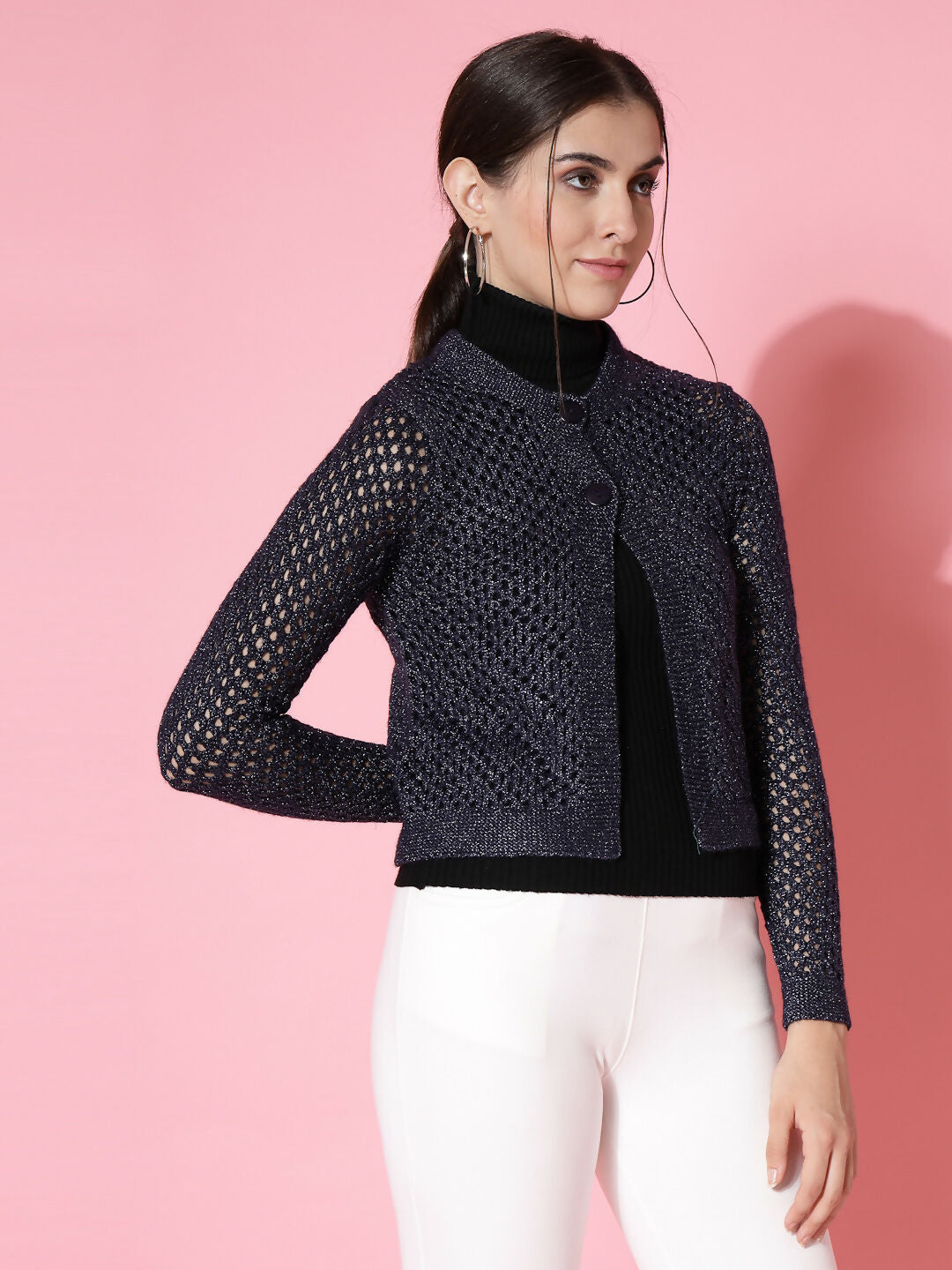Women Self Design Navy Blue Acrylic Winter Shrug - Wool Trees