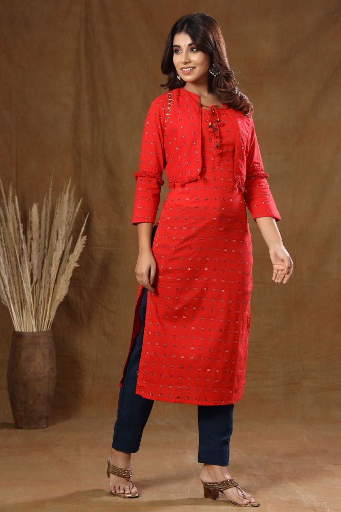 Kaajh Red Printed Jacket Kurta Pant Set For Women