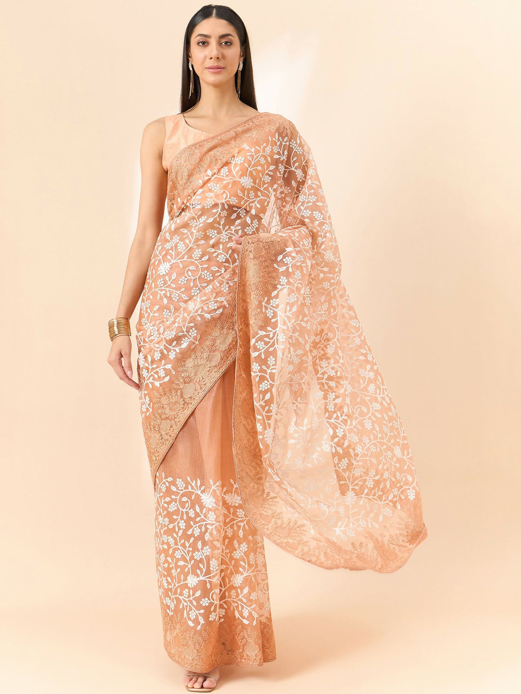Peach Organza Floral Embroidered Saree with Unstitched Blouse Piece - Roozal