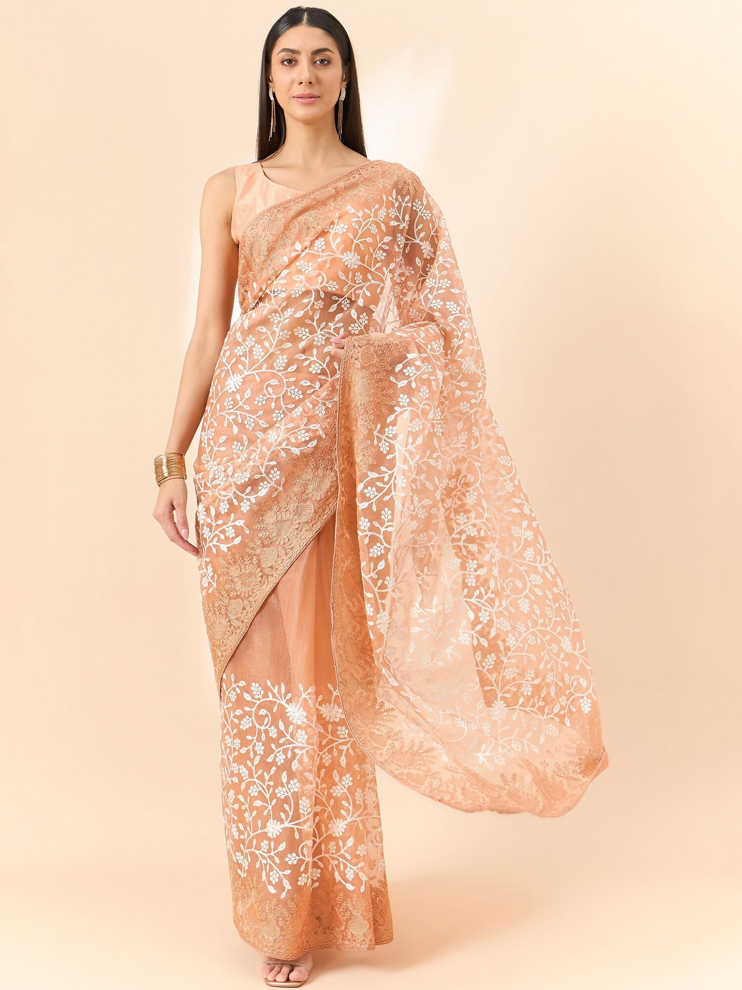 Peach Organza Floral Embroidered Saree with Unstitched Blouse Piece - Roozal