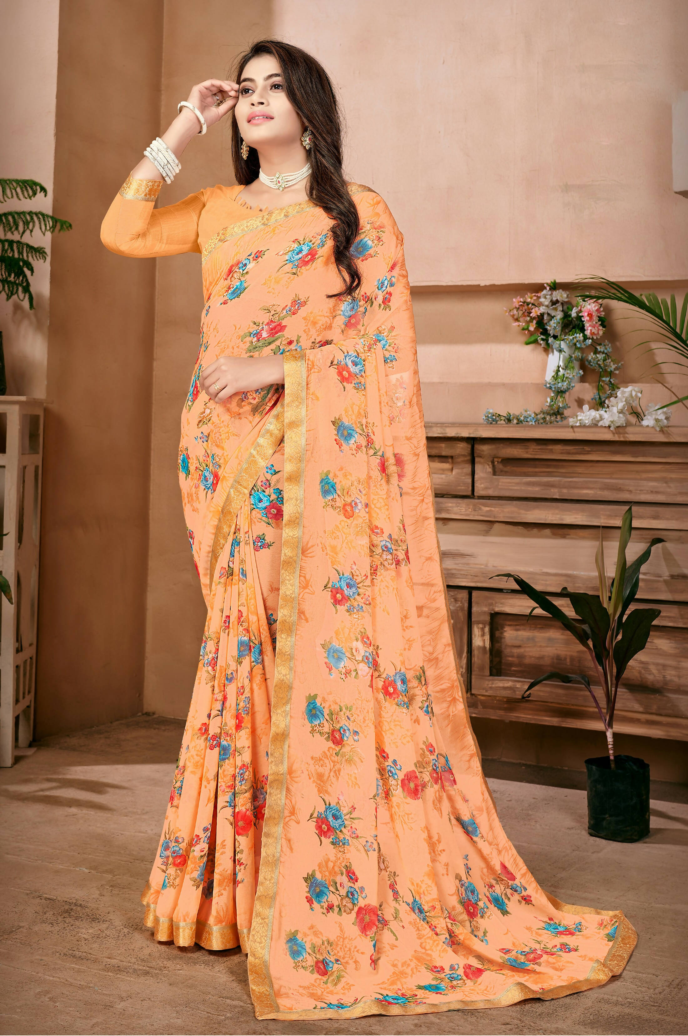 Orange Georgette Floral Printed Saree With Unstitched Blouse Piece - Jyoti