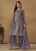 Dusty Purple Net Embroidered Wedding Festive Gharara Suit - Emponline