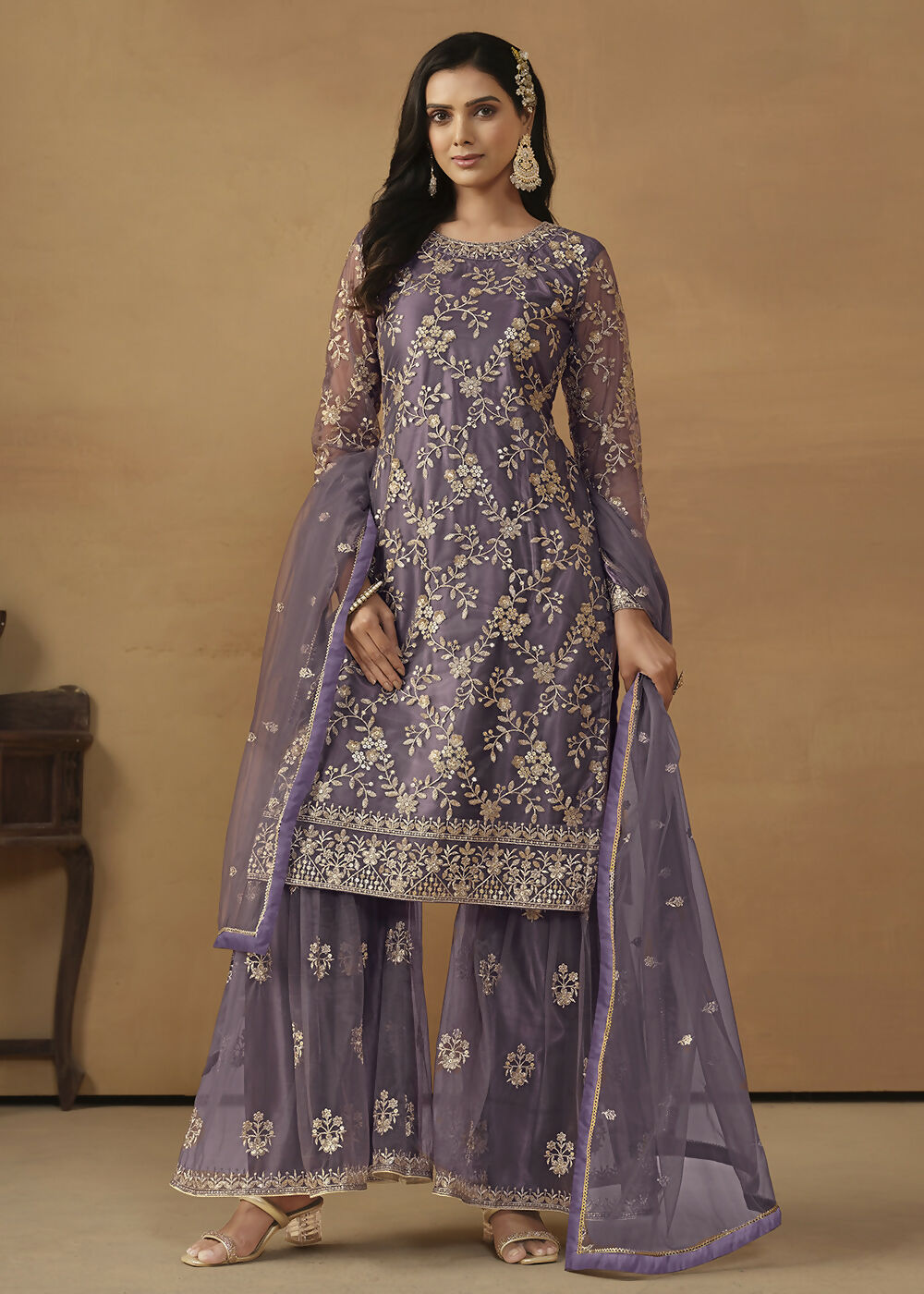 Dusty Purple Net Embroidered Wedding Festive Gharara Suit - Emponline