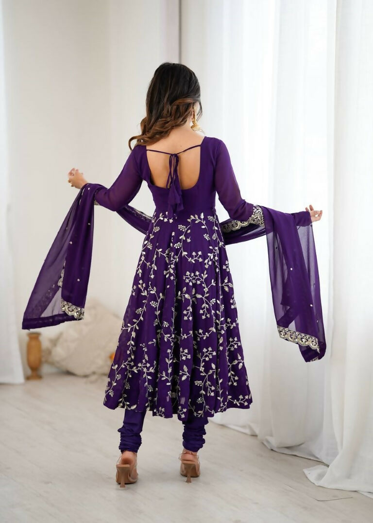 Teeya Creation Purple Color Heavy Faux Georgette Embroidery Work Gown