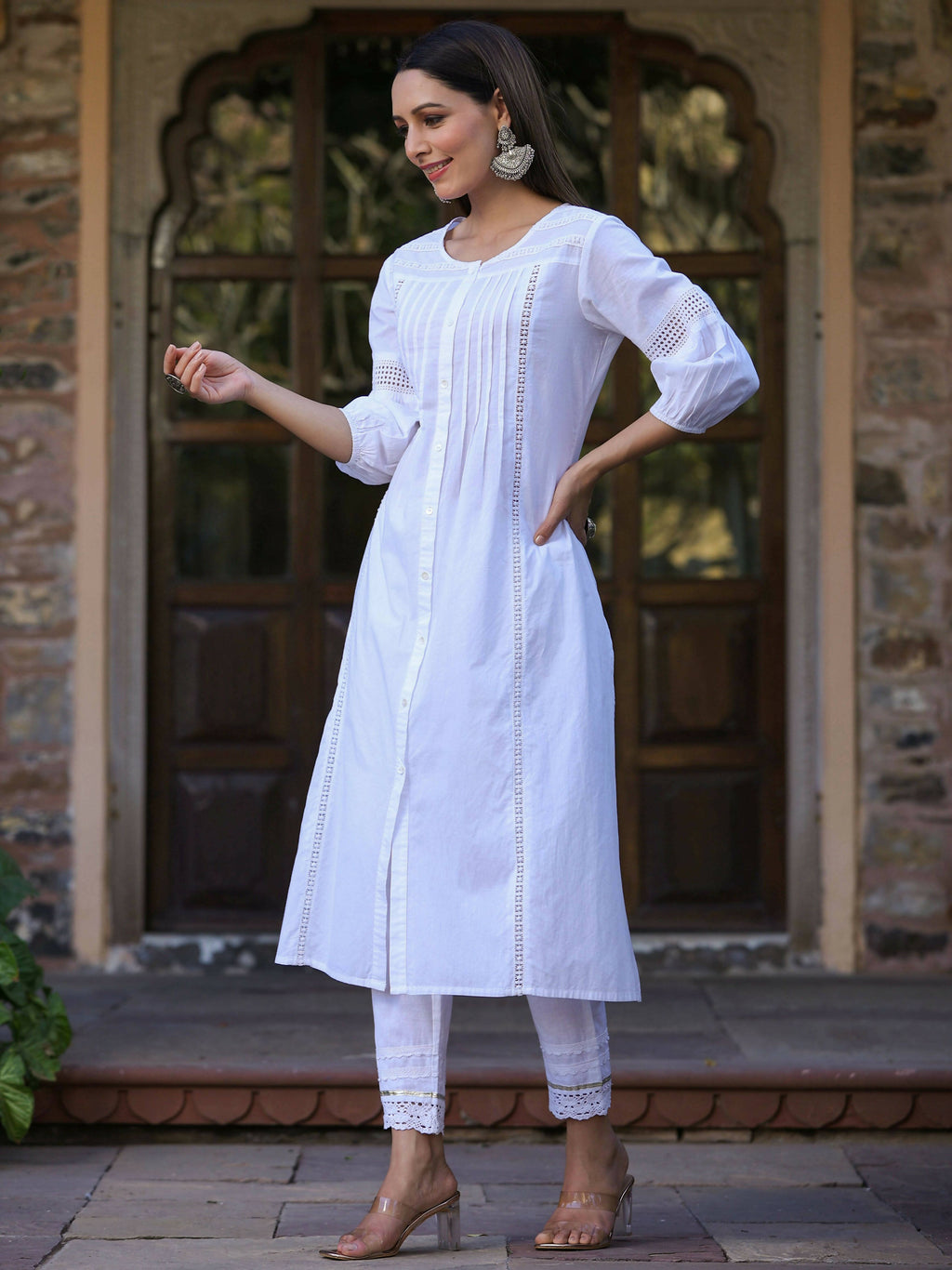 Juniper Women's White Cotton Cambric Solid A-Line Kurta
