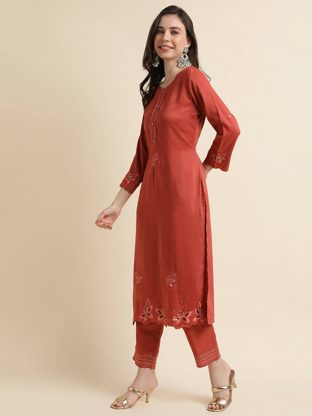 Orange Chinon Silk Embroidered Straight Kurta with Trouser & Dupatta - Salimar