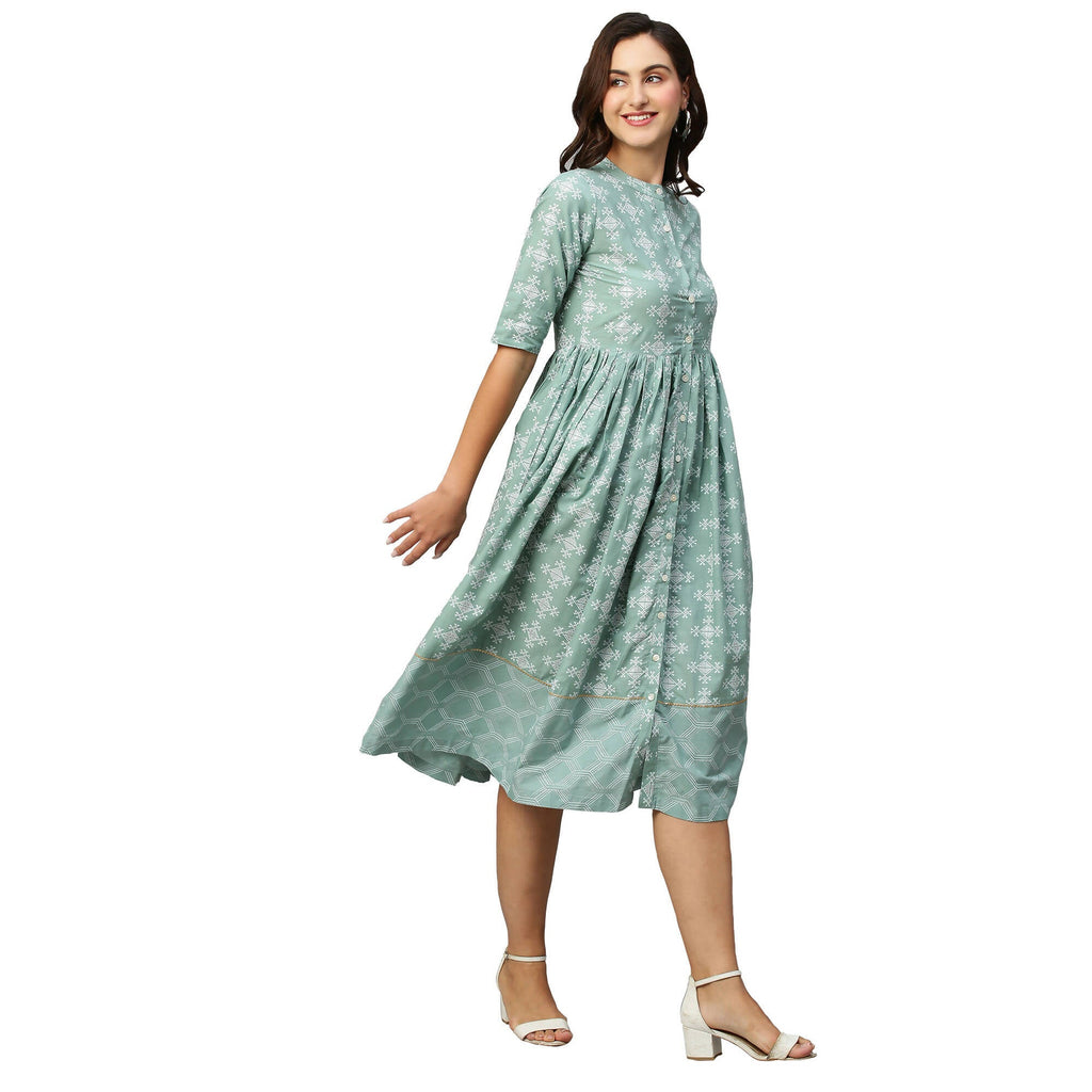 Green & Off-White Ethnic Motifs Printed Cotton A-Line Dress - Poonam