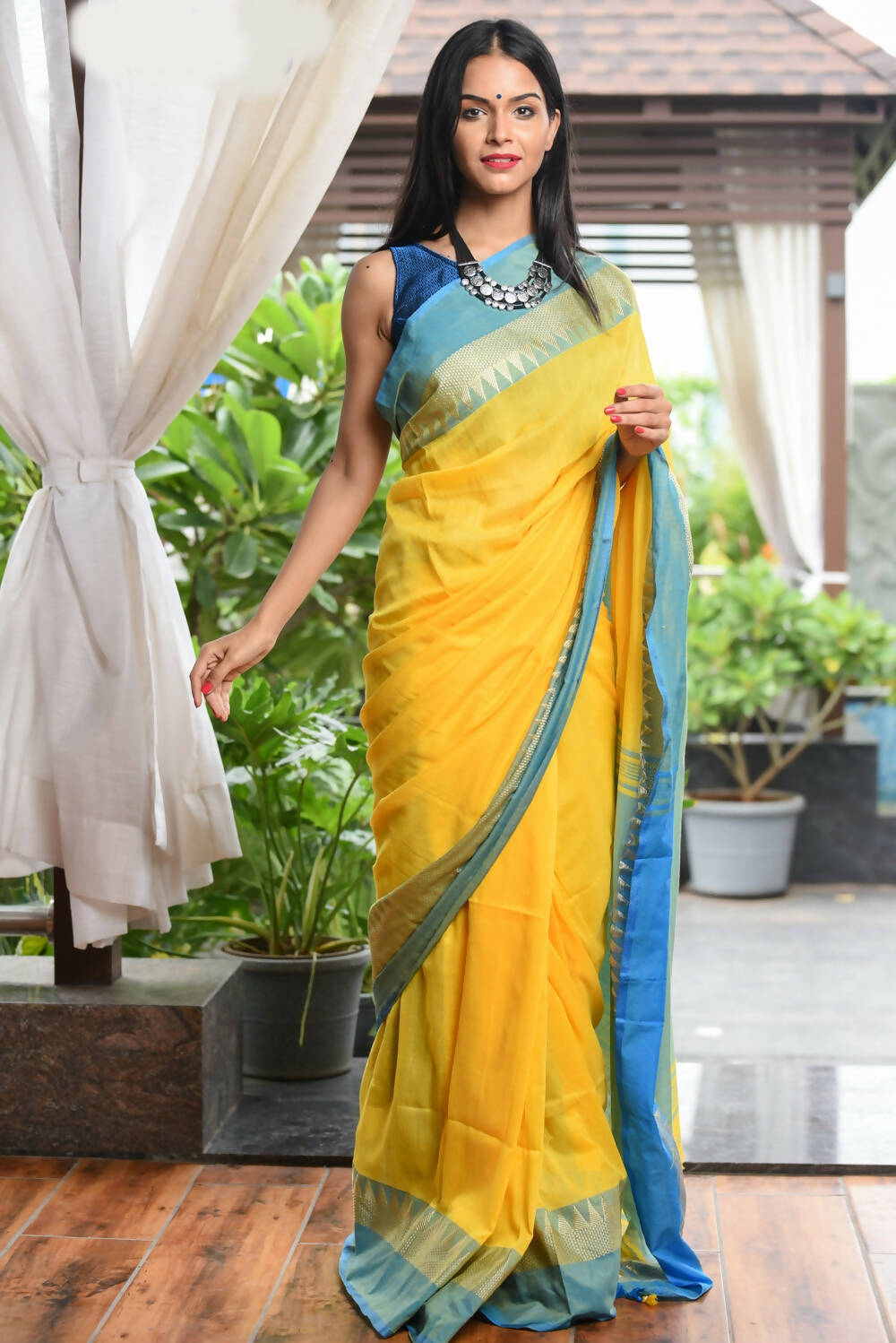 Very Much Indian Pure Cotton Handloom Saree With Intricate Borders - Yellow