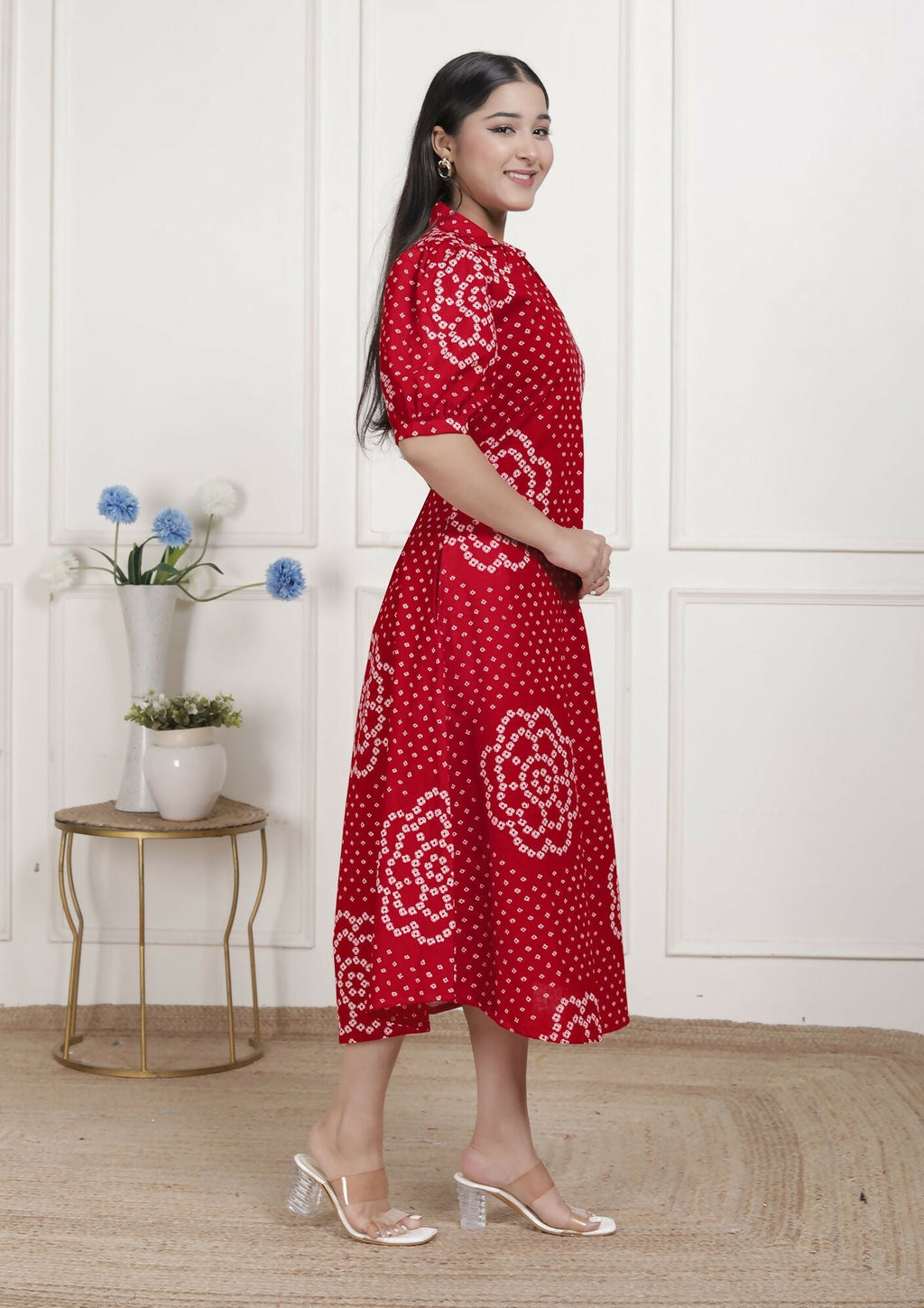 Miravan Womens Red Bandhani Printed Collar Neck Maxi Dress