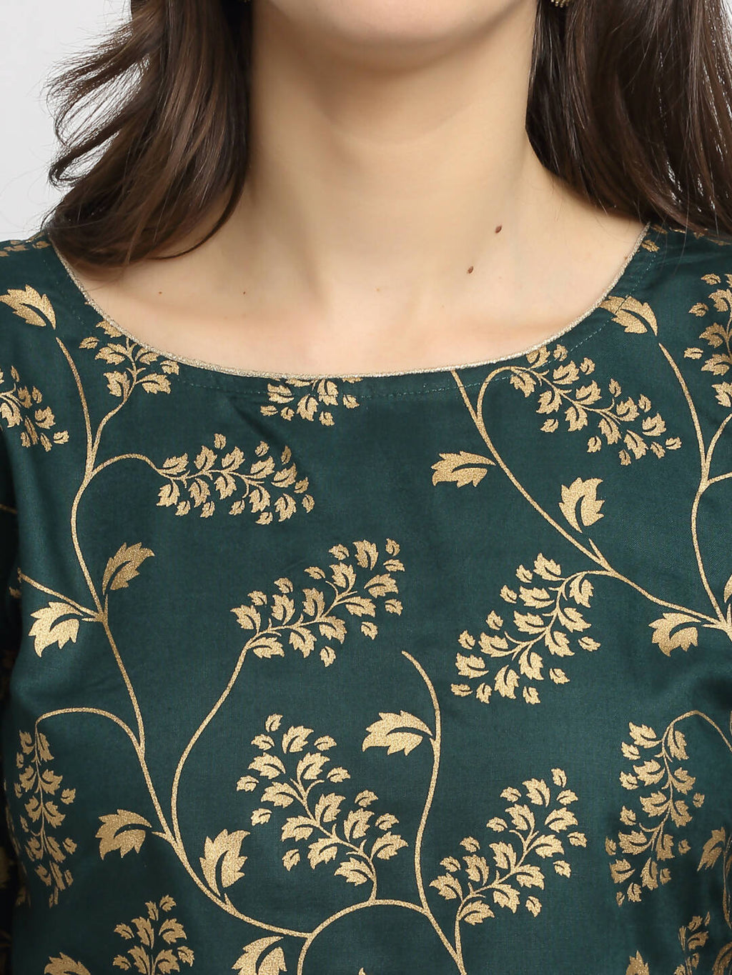 Rudra Bazaar Green Gold Printed Straight Kurta with Gold Printed Skirt & Dupatta