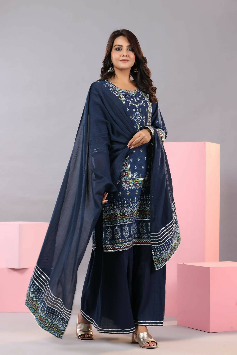 Juniper Women Indigo Cotton Cambric Printed Kurta, Palazzo and Dupatta Set